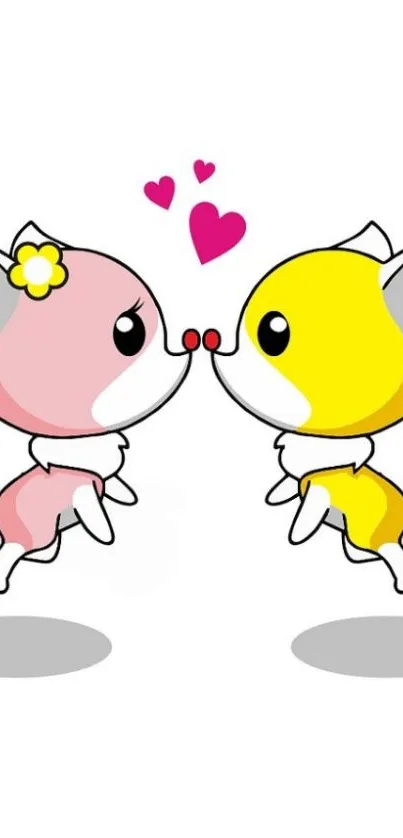 Cute cartoon fox couple with hearts.