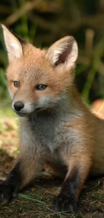 Adorable fox cub resting in natural setting.