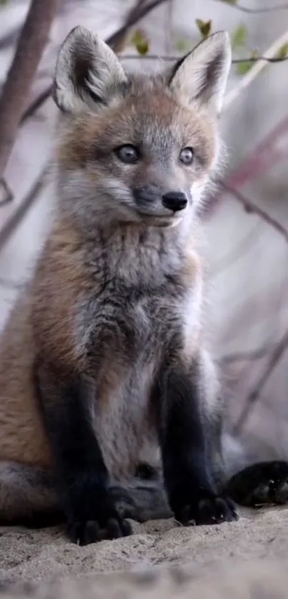 Adorable fox cub sitting outdoors in nature.