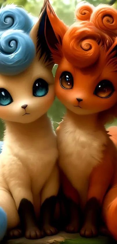 Cute fox duo with fluffy tails in vibrant colors, perfect for mobile wallpaper.