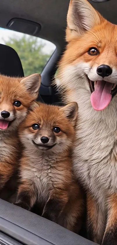 Three cute foxes inside a car posing playfully.