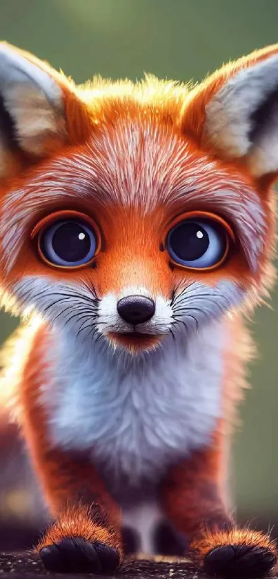 Adorable fox with big eyes in a fantasy-themed mobile wallpaper.