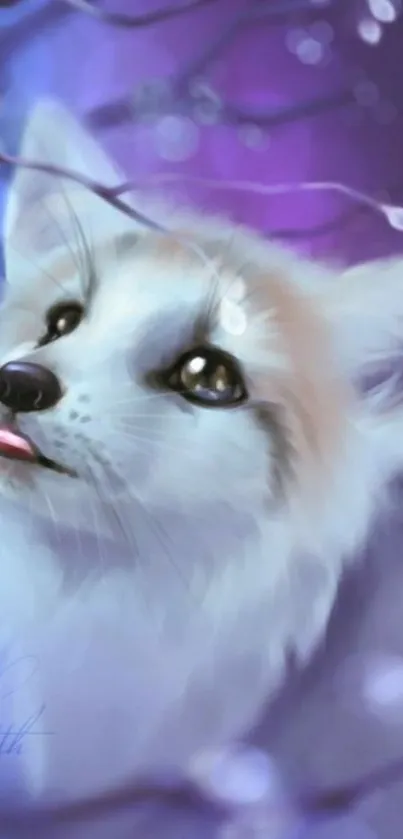 Cute white fox with purple fantasy background