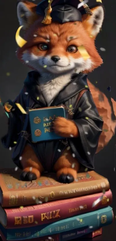 Cute fox in graduation attire on book stack.