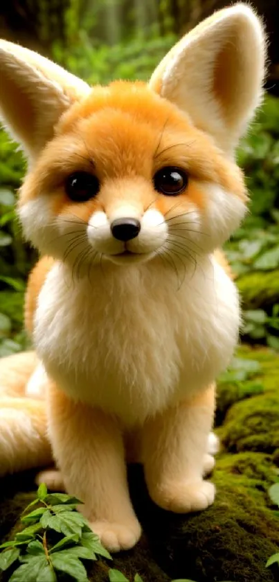 Cute plush fox surrounded by lush green forest foliage.