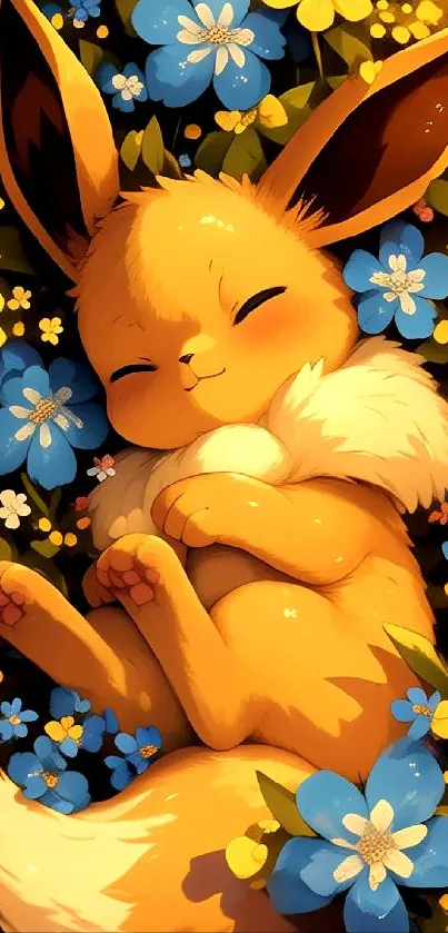 Adorable anime animal sleeping among vibrant yellow and blue flowers.