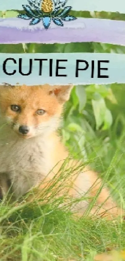 Adorable fox in lush green grass, labeled 'Cutie Pie'.