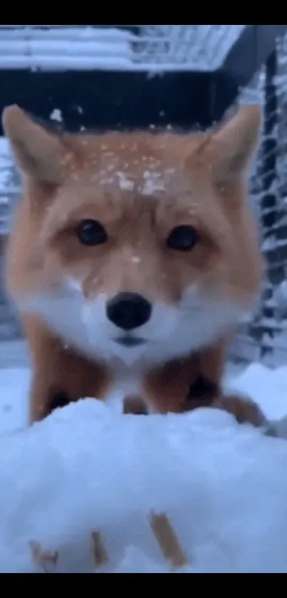 Adorable fox in snow within a cage.