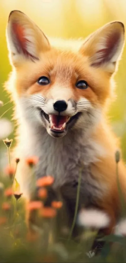 Adorable fox in colorful flower field, smiling.