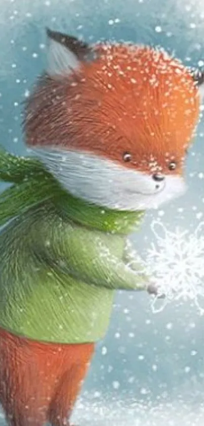 Cute fox in green sweater holding a snowflake in a snowy scene.