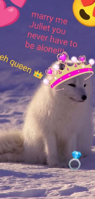 Cute arctic fox with crown and emojis on snowy landscape.