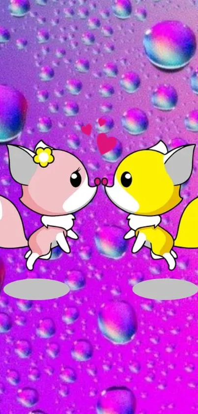 Cartoon foxes in love with purple background and water droplets.