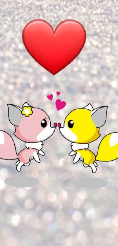 Two cartoon foxes in love on snowy background.