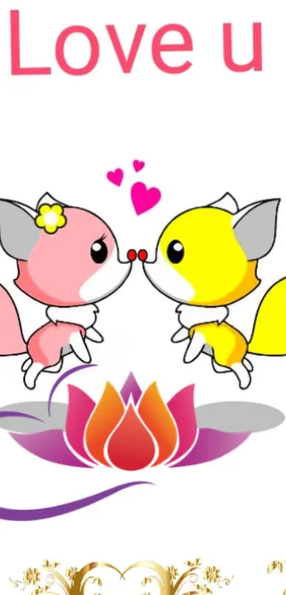 Cute foxes embracing love with hearts and flowers in pink and yellow hues.