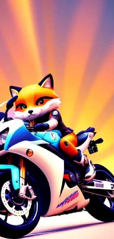 Cute fox riding motorbike in vibrant colors.