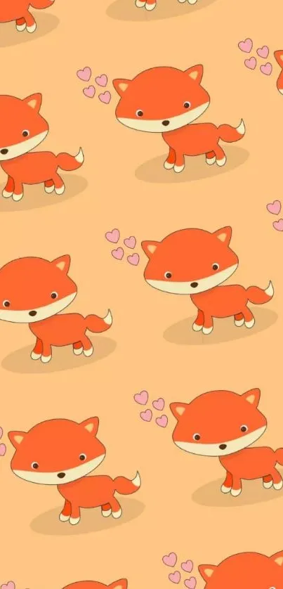 Cute cartoon foxes with hearts on orange background.