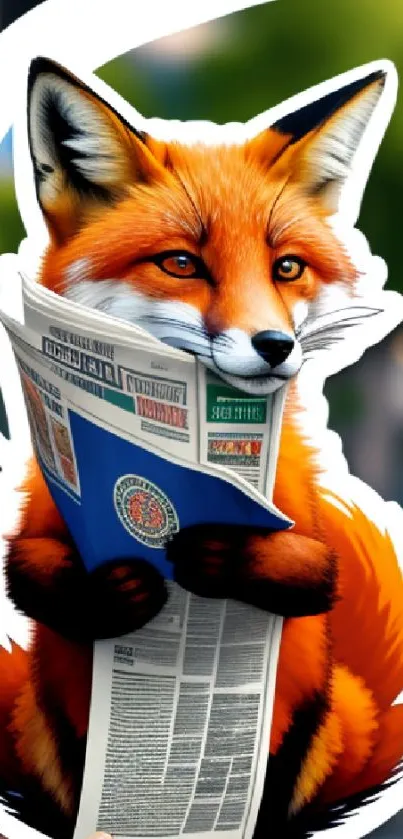 Charming fox cartoon holding a newspaper, set against a blurred background.