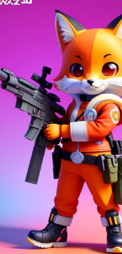 Cute fox soldier in orange outfit with a colorful background.