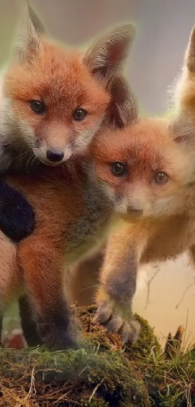 Charming trio of foxes in a lush forest setting, perfect for mobile wallpaper.