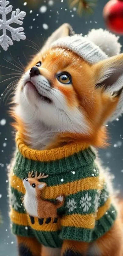 Cute fox in winter sweater looking at snowflake.