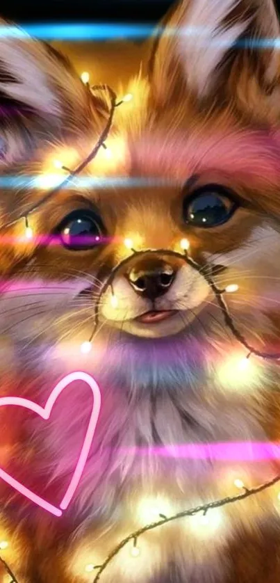 Cute fox adorned with glowing lights and a heart in enchanting wallpaper.