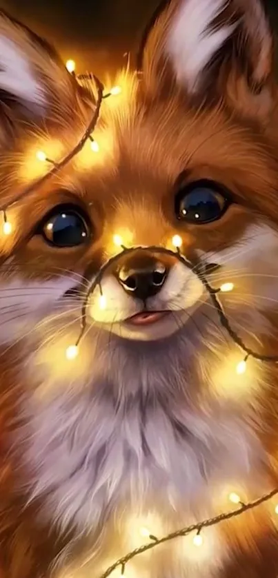 Cute fox surrounded by glowing fairy lights, creating a magical scene.