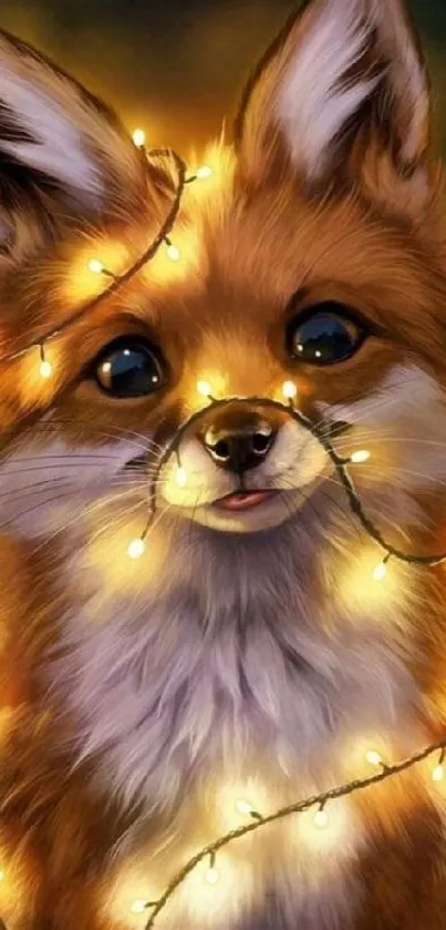 A cute fox wrapped in glowing fairy lights, perfect for mobile wallpaper.