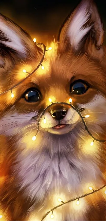 Cute fox wrapped in glowing fairy lights, perfect for a mobile wallpaper.