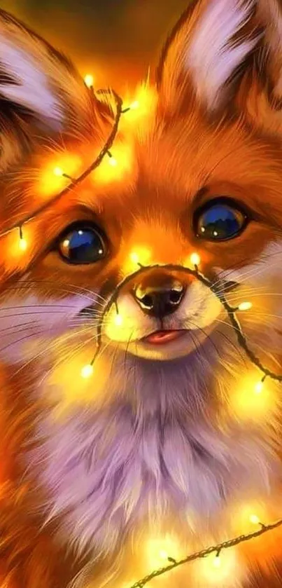 Adorable fox entangled in glowing fairy lights.