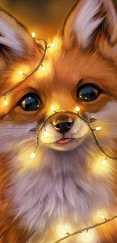 Cute fox wrapped in glowing fairy lights.