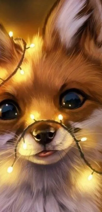 Cute fox wrapped in glowing string lights, bright and festive.