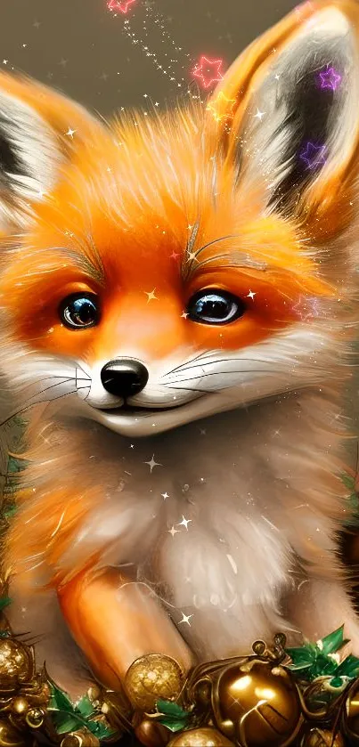 Adorable fluffy fox with floral crown in vibrant colors.