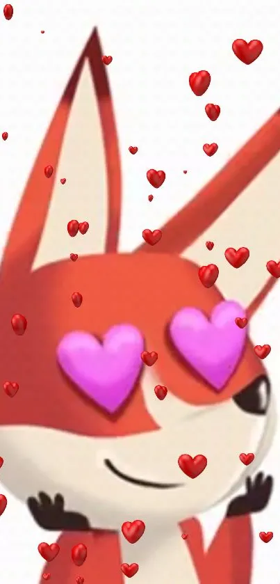 Cute cartoon fox with heart eyes and red hearts background.