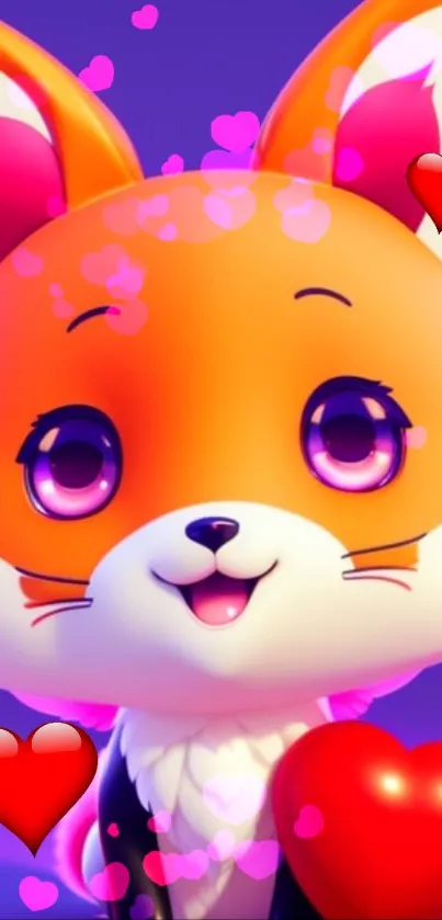 Cute cartoon fox with hearts on purple background.