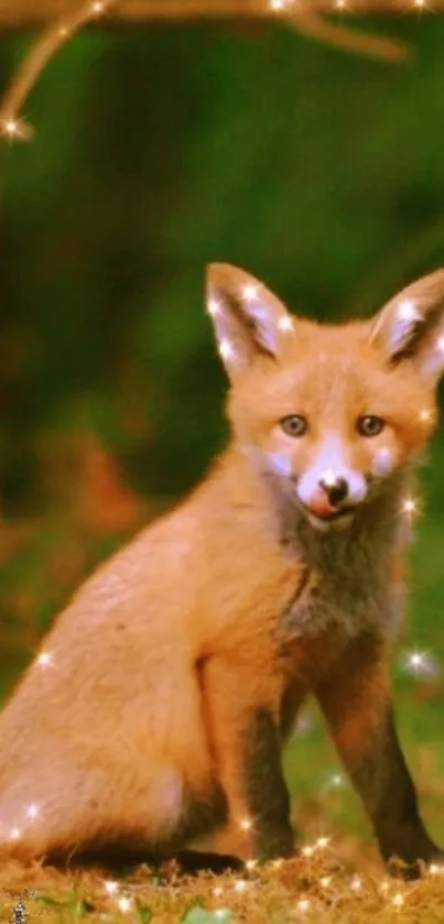 Young fox with magical glow in a lush forest setting.