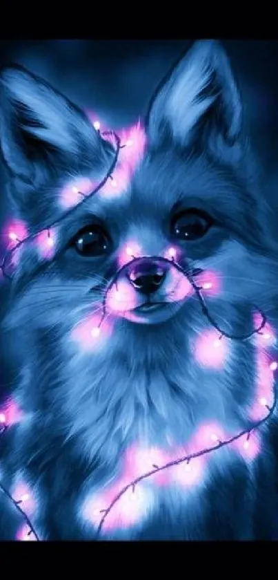 Adorable fox wrapped in neon lights with a blue glowing background.