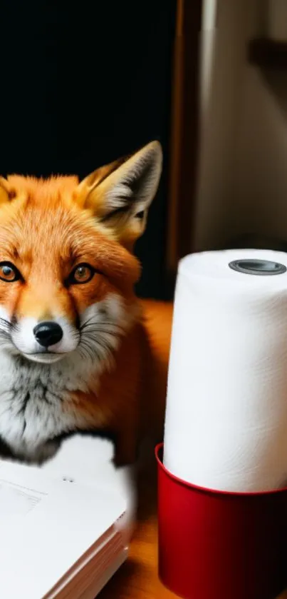 Fox sitting next to paper roll in red container.