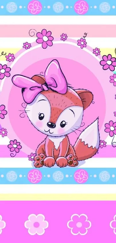 Charming fox with pink bow amidst floral pastels on vibrant wallpaper.