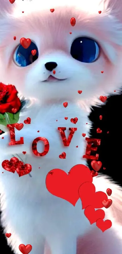 Cute cartoon fox holding a red rose with hearts and 'LOVE' text.