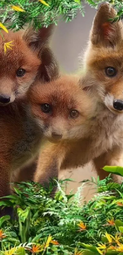 Cute fox cubs nestled together in a vibrant green forest.