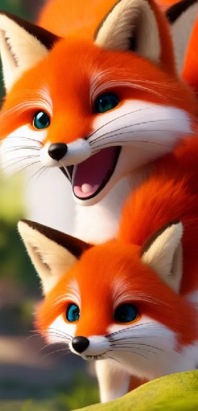 Adorable fox wallpaper featuring two playful foxes in a lush forest setting.