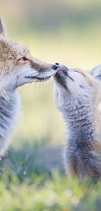 Cute fox cub and adult sharing a tender moment.