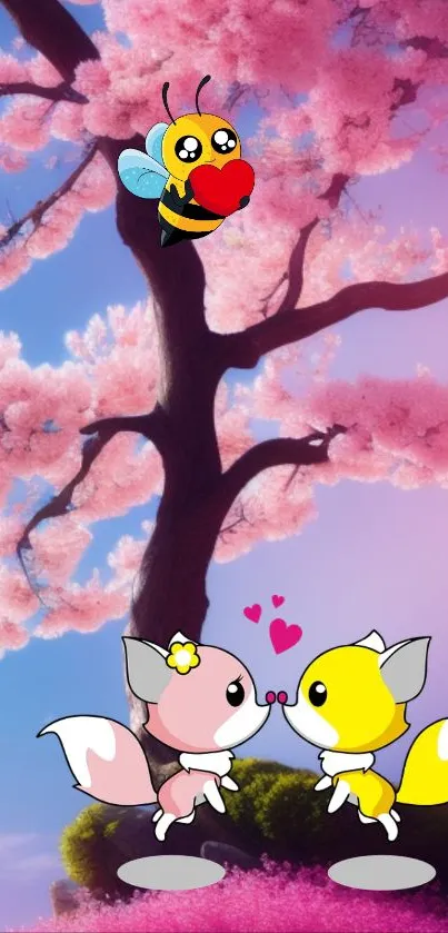 Cute foxes and bee under pink cherry blossom tree.