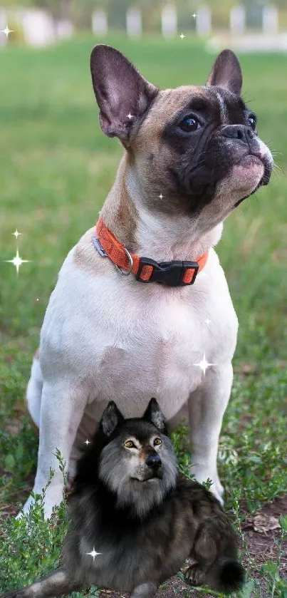 French Bulldog with wolf resting on lush green grass, wearing orange collar.