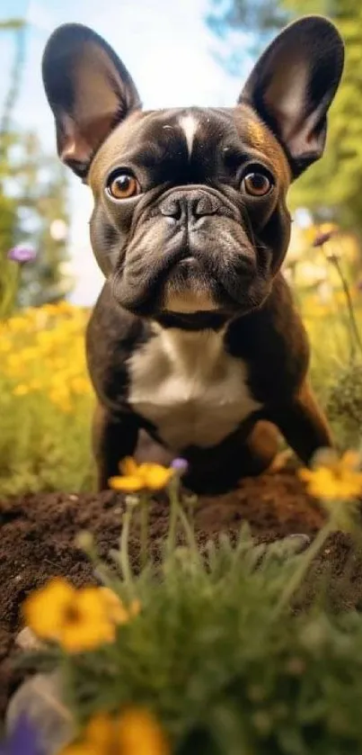 French Bulldog in a field of bright flowers.