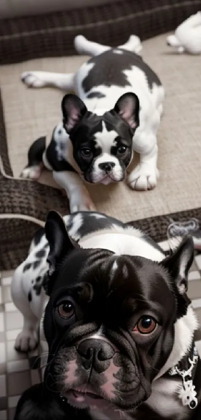 Adorable French Bulldog puppies resting on a cozy bed.