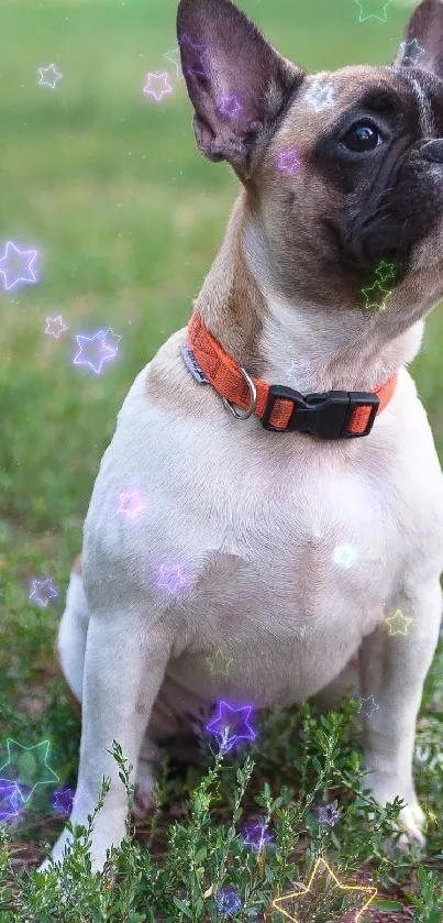 Adorable French Bulldog with colorful stars in a grassy setting.