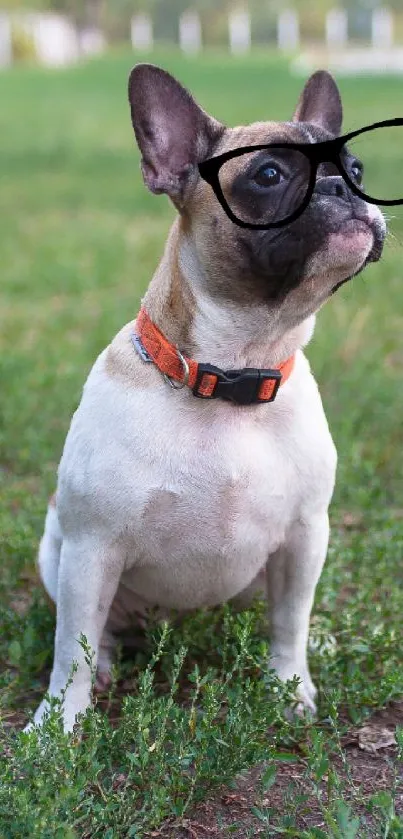 French Bulldog with glasses sitting on grass, looking cute and funny.