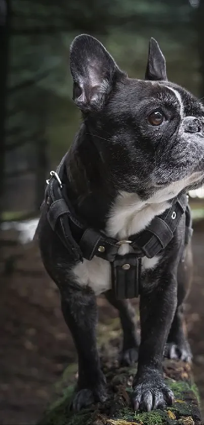 French Bulldog stands in forest, looking inquisitive.