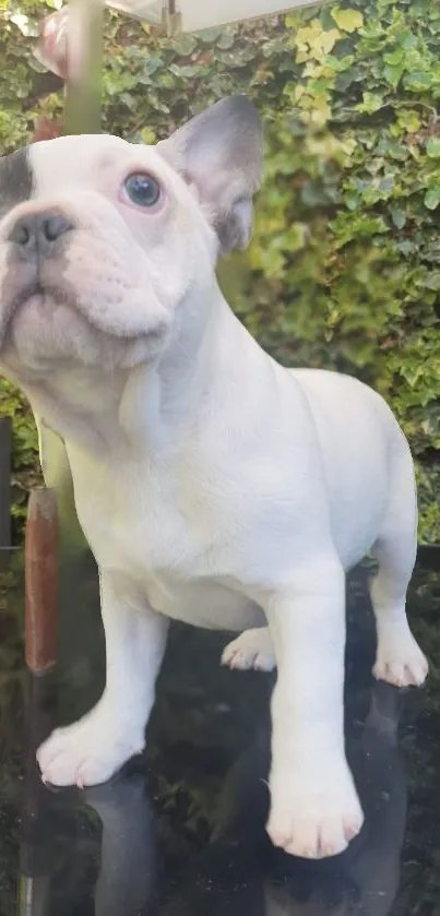 Adorable French Bulldog puppy with green background.